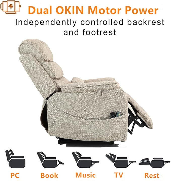 Beige Recliner Chair for Elderly | Tall and Big Man 400lbs | Chenille | Power Lift, Lay Flat, Stand Up, Wireless Charging Device, Extended Footrest, Massage Heat, Cup Holder, Lumbar Pillow