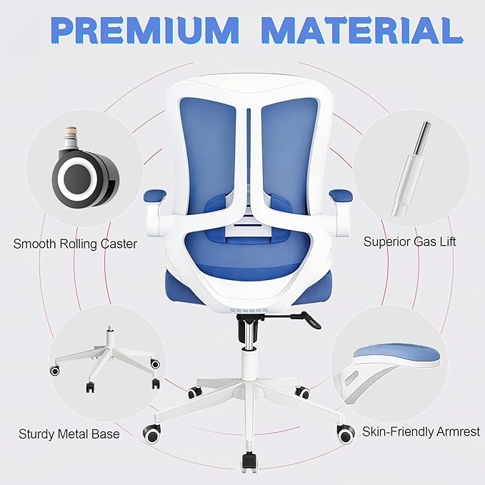 Ergonomic Office Chair - 400LB Comfy Desk Chairs with Lumbar Back Support, Mesh Computer Chairs with Wheels and Arms for Home Office, Study (Blue-Without Headrest)