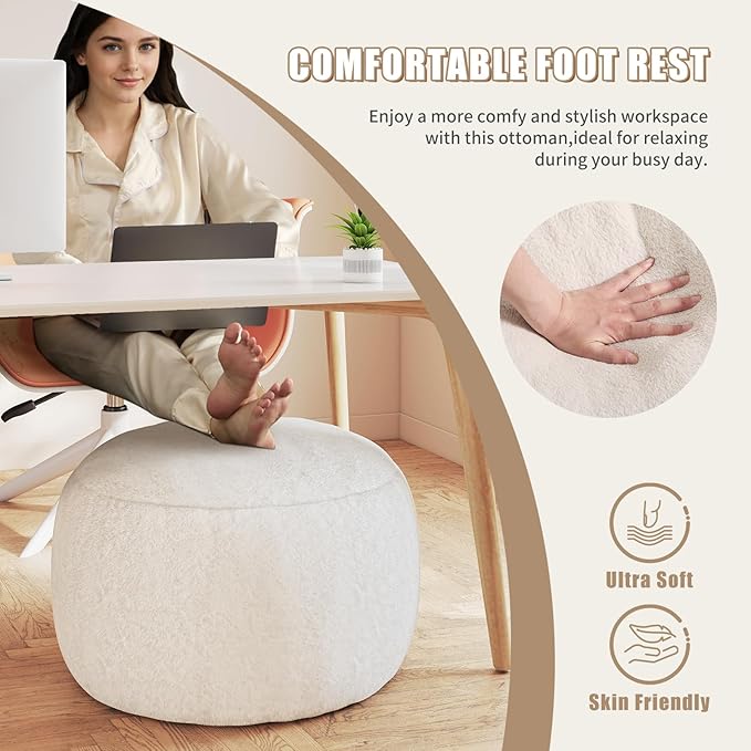 Gericco Round Pouf Ottoman Foot Rest, 29 X 18Inch Floor Poufs Footstool, A Round Modern Foam Filled Foot Stool for Living Room, Home, Nursery, Dorm, Outdoor (White, 29Inch)