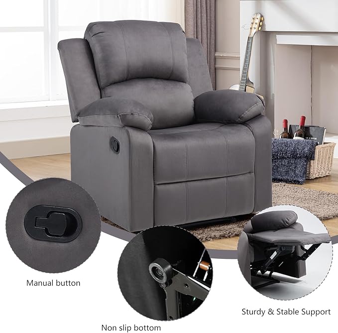 CANMOV Manual Recliner Chair, Soft Fabric Overstuffed Recliner Single Sofa Chair for Living Room Bedroom, Heavy Duty and Safety Reclining Mechanism, Dark Grey