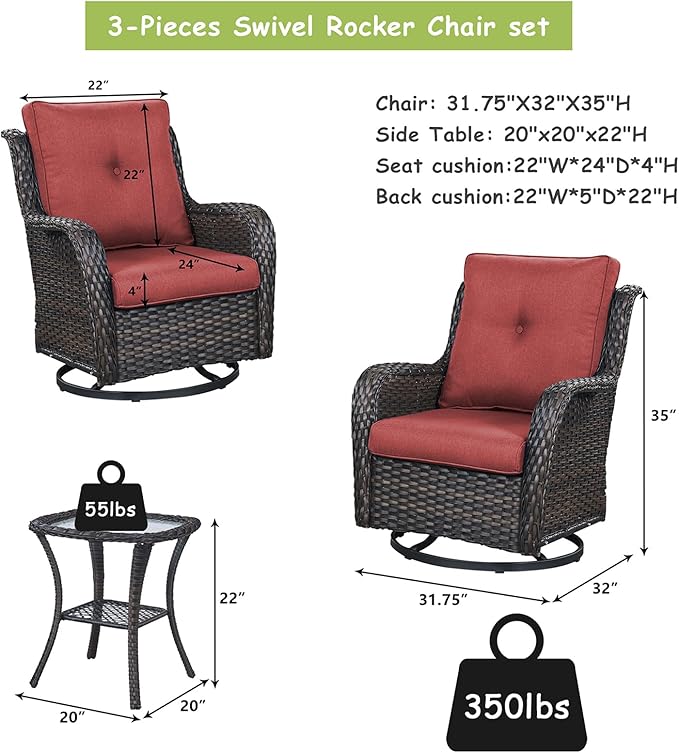 Rilyson Wicker Patio Furniture Set - 5 Piece Rattan Outdoor Sectional Conversation Sets with 2 Swivel Rocking Chairs,2 Ottomans and 1 Side Table for Porch Deck Garden(Brown/Red)