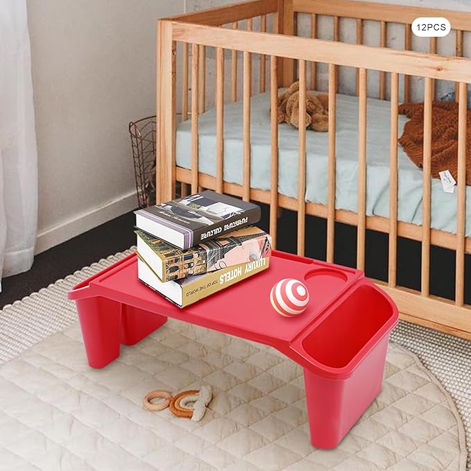 Mind Reader Kids Lap Desk, 12 PCS Kids Lap Desk Bulk Tray Lap, Portable Activity Tray with Side Storage, Stackable Plastic Desk Table for Students Drawing, Snacks, Study (Red, Small)