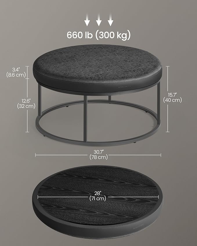 SONGMICS HOME LUIZ Collection - Ottoman, Round Coffee Table, Footstool, Reversible Top, Padded Seat, Side Table, Minimalist, Steel Frame, Max. Load 660 lb, for Living Room, Ink Black ULOM078B01