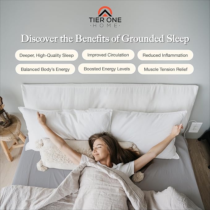 Tier One Home Fitted Grounding Sheets for Earthing, 5% Silver Fiber + 95% Certified Organic Cotton for Better Sleep and Pain Relief. Deep Pockets. Includes Grounding Wristband & Cords (Full)