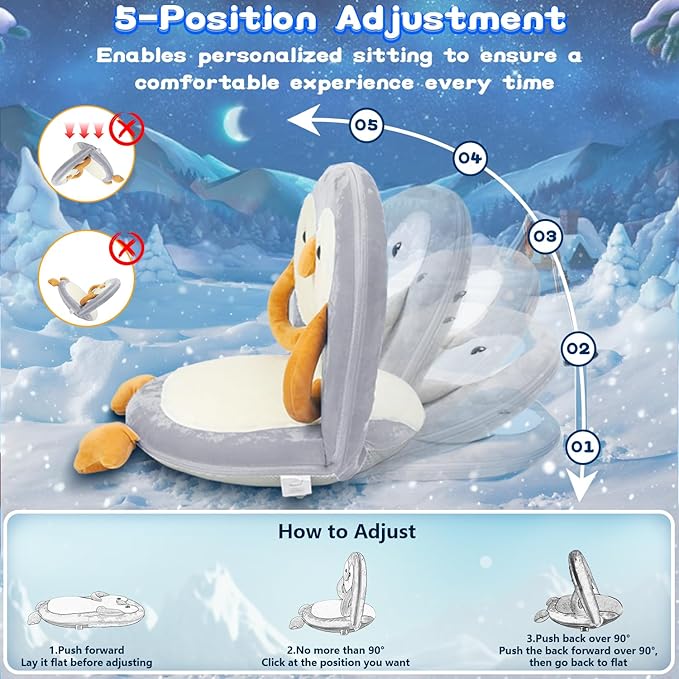Floor Chair for Kids, Penguin Floor Seating with Back Support 5 Adjustable Position Ideal for Reading Gaming Meditating Yoga, Kids Chair for Daycare Preschool Classroom (Grey)
