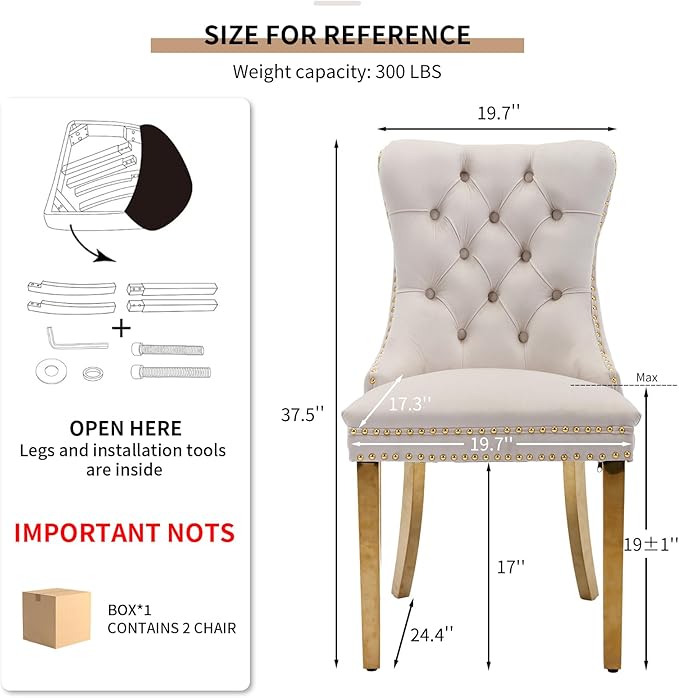 YeahFurn Mid Century Modern Dining Chairs Set of 2, Beige Velvet Upholstered Tufted Back, Kitchen & Dining Room Chairs, Gold Metal Legs, Nailhead Trim, Sillas para Comedor (Beige, 2 Pcs)