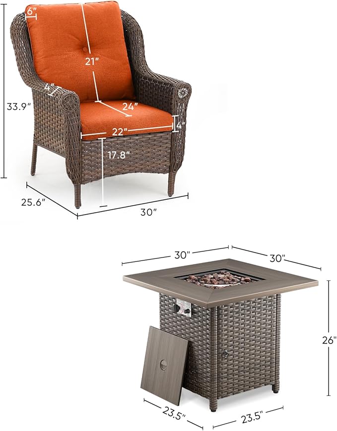 ACTREST Outdoor Patio Chairs with Fire Pit Table 5 Piece Set - High Back Brown Wicker Rattan Lawn Chair with Thick Cushion for Porch Apartment Deck Yard Poolside Garden - Orange