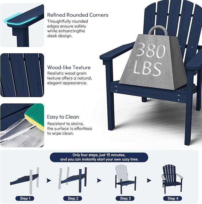 nevilywood Compact Stackable Adirondack Chairs, 26.3" Wide HDPE Outdoor Patio Chairs - Durable, Space-Saving Design for Porch, Lawn or Garden, Navy