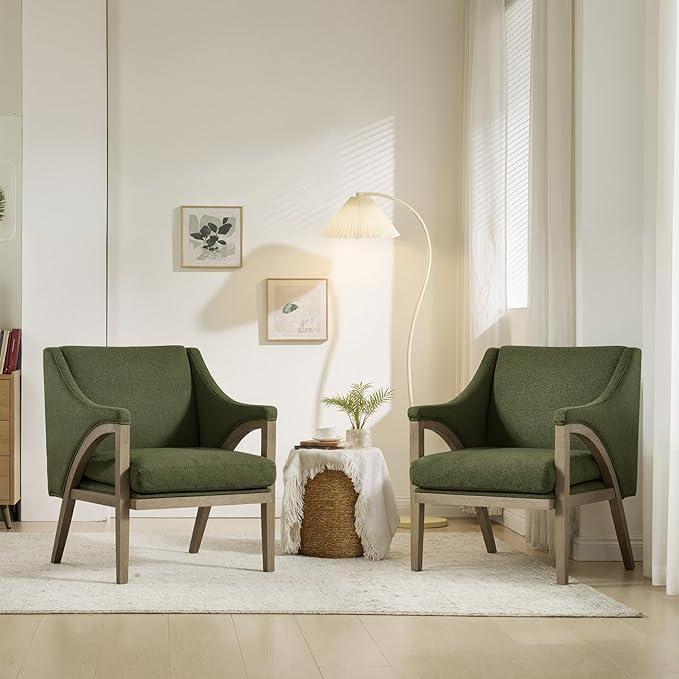 CIMOTA Mid Century Modern Accent Chairs Set of 2 with Barrel Back, Upholstered Armchair Comfy Reading Chairs with High-Rebound Foam Seat, Solid Wood Legs for Living Room/Bedroom, Linen Fabric, Green