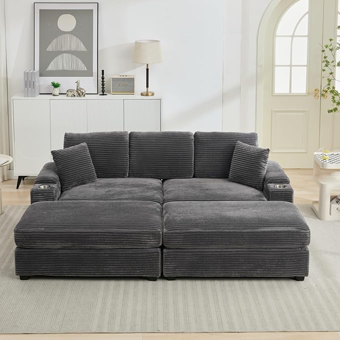 KEIKI 4 Seat Combination Sofa Set, Chaise Lounge Sofa with Armrest Storage, Cupholders, USB, Deep Seat Sleeper Couch Reading Chairs for Living Room, Gray