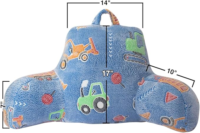 Holawakaka Boys Glow in The Dark Construction Truck Reading Pillow, Backrest Pillow with Excavator, Tractor & Crane Print, Soft Luminous Flannel Bed Rest Back Cushion for Kids, Teens Gifts