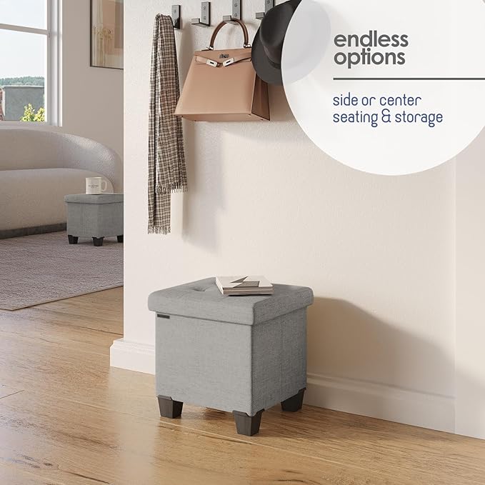 Storage Ottoman Cube with Small Bin, 16-in Square Ottoman with Storage for Living Room and Bedroom, Small Ottomans Foot Rest, Fabric Foot Stools Ottomans Max 330lbs, Light Grey