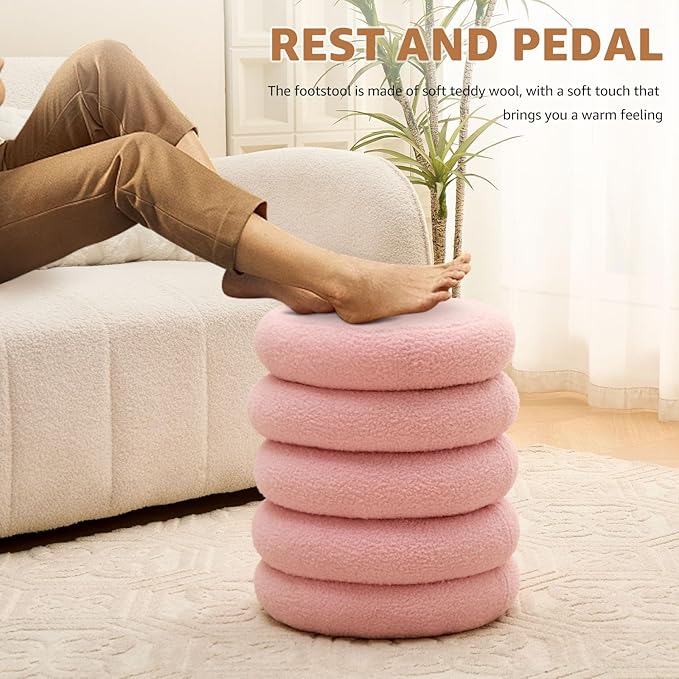 Wimarsbon Round Storage Ottoman, Modern Sherpa Footstool, Teddy Vanity Stool with Flip-Top Tray, Makeup Chair for Home Decor, Upholstered Footrest for Living Room & Bedroom (Pink S)