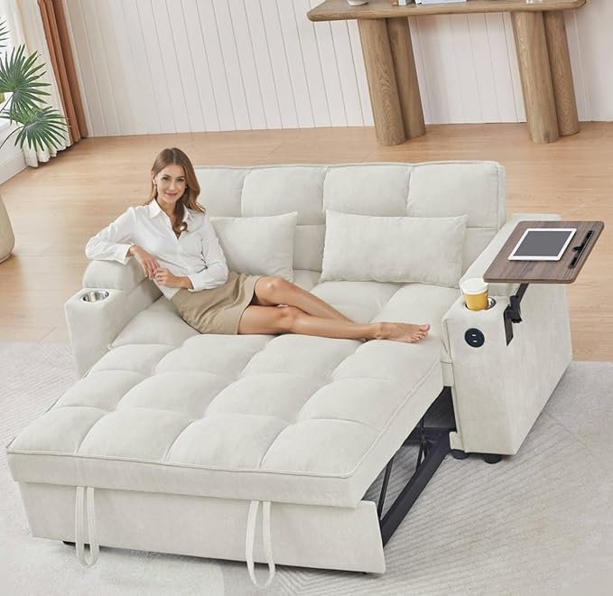 oaaktu 65''Convertible Sleeper Sofa Bed,3-in-1 Pull Out Couch Bed with 360 Degree rotatable Side Table and USB Ports for Living Room,RV (07beige)