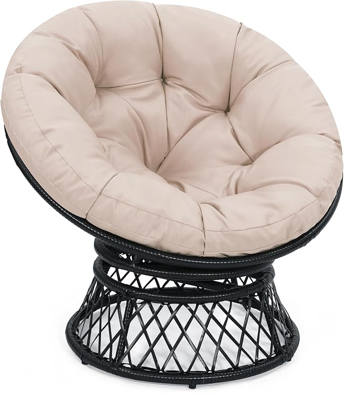 Kromax 40" Ergonomic Wicker Papasan Chair, 360° Swivel Round Egg Chair with Soft Thick Cushion, Indoor Outdoor Use for Living Room, Bedroom, Reading Room, Black Frame with Beige Cushion