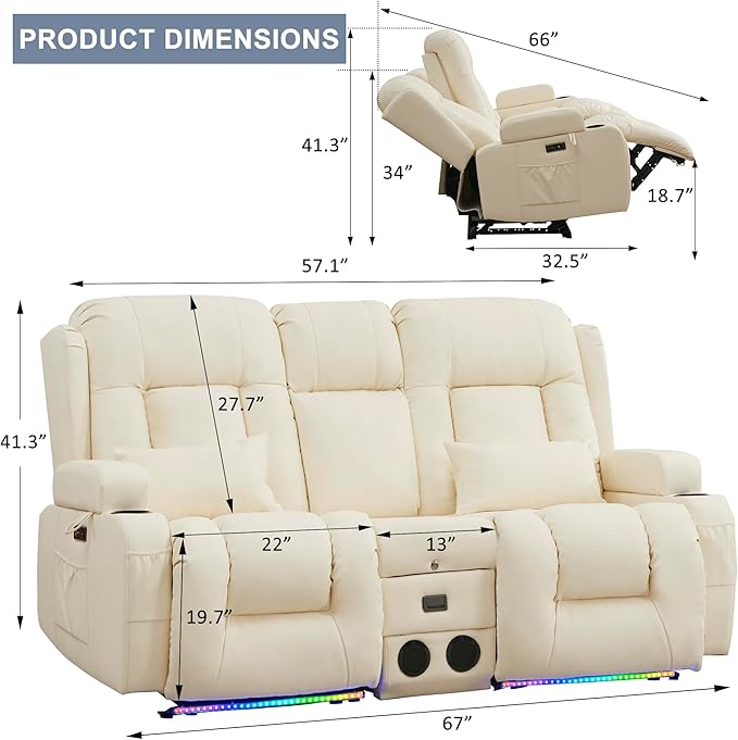 URRED Loveseat Recliner Sofa with Massage and Heat, Power Reclining Loveseat Sofa RV Couch with Console, Home Theater Seating with LED Lights, Bluetooth Speakers, USB, Outlets, Faux Leather, Ivory