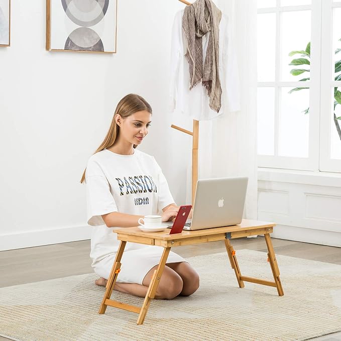 Laptop Desk Nnewvante Bamboo Laptop Table Adjustable Lap Tray Bed Serving Tray Breakfast Table Foldable Coffee Tea Table 7 Tilting Top Angles 4 Latches Large Size 27.95" x 13.8"