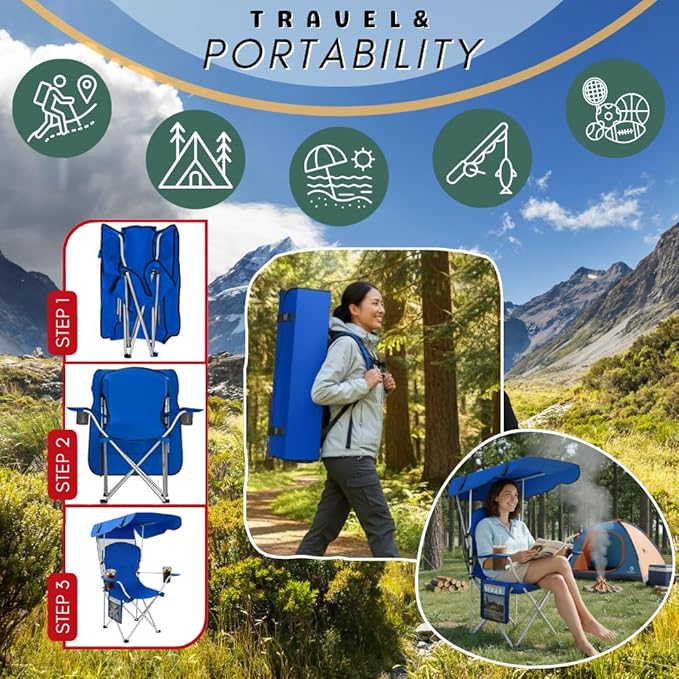 CozyBox Portable Folding Camping Chairs with Canopy Shade, Beach Chair for Adults, Durable Weather Resistant 600D Oxford Cloth, Camping Chair with Canopy for Outdoors [Blue-2 Pack]