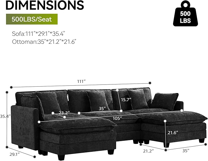 UMBFUN 3-Seater Cloud Couch with 2 Ottomans, Oversized Modular Sectional U Shaped Sofa with Deep Seat Cushions, Comfy Chenille Couch for Living Room, Dark Grey