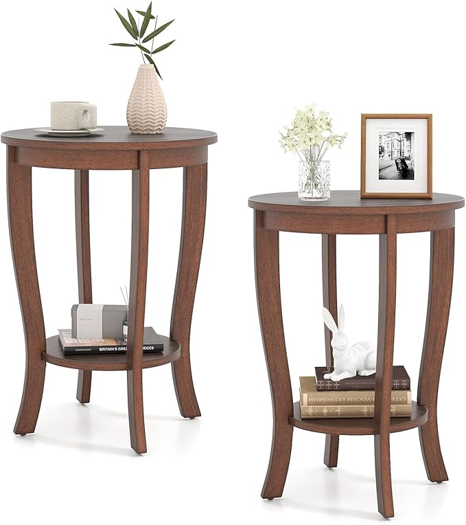 GOFLAME 2-Tier Round End Table Set of 2, 18” Sofa Side Table with Storage Shelf, Floor Tea Table with Solid Wood Legs, Compact Nightstand for Small Space, Living Room, Bedroom, Walnut