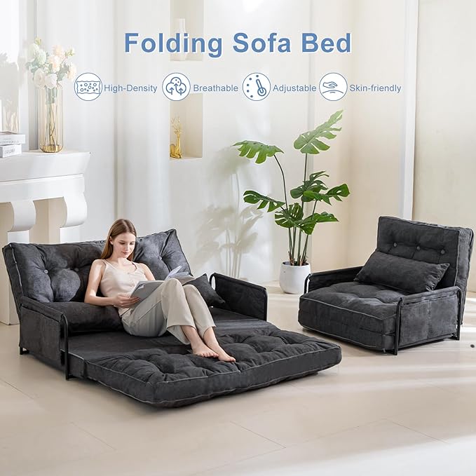 YOSHOOT Adjustable Lazy Floor Sofa, Folding Couch Bed with 5 Positions Adjustable Backrest, Convertible Bean Bag Sofa Bed Couch Foldable Sleeper Chair with Pillow for Reading Gaming（Grey, Single）