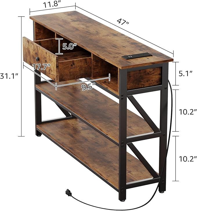 Mexin 47 Inch Console Table with 2 Outlet and 2 USB Ports, Entryway Table with Drawer and Storage Shelves, Narrow Sofa Table for Living Room and Hallway, Vintage Brown