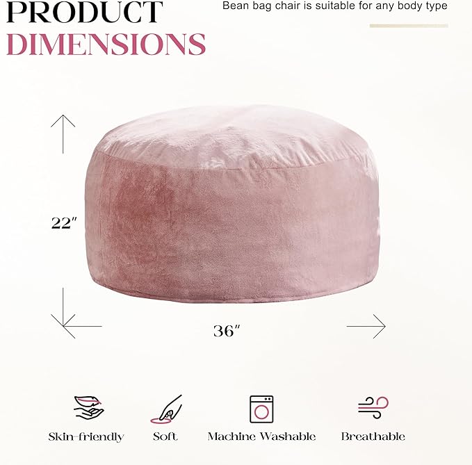 Hobestluk Bean Bag Chairs Giant Beanbag Chair with Filler, Memory Foam Bean Bags with Fluffy & Machine Washable Cover, Bean Bag Chairs for Aduts for Living Room, Bedroom (Pink, 3FT - 36” x 36” x 22”)