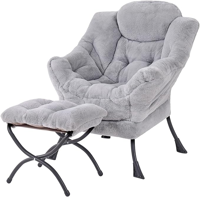 Welnow Lazy Chair with Ottoman, Modern Lounge Accent Chair with Armrests and a Side Pocket, Leisure Sofa Armchair, Reading Armchair with Footrest for Small Space, Plush Grey