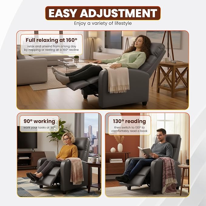 BestMassage | Recliner Chair | No Massage Function | Pu Grey | with Lumbar Support, Adjustable Push Back, Wide Armrests, Footrest & Padded Seat | Easy Assembly | for Living Room, Home Theatre