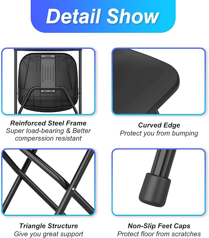 Allpop 4 Pack Plastic Folding Chair, 300lb Capacity, Portable Commercial Chair with Steel Frame for Home Office Wedding Party Indoor Outdoor Events, Stackable, Black