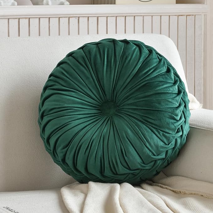 Teieas Round Throw Pillow Velvet Home Decoration Pleated Round Pillow Cushion for Couch Chair Bed Car Emerald Green