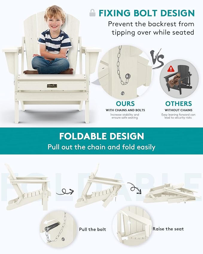 SERWALL Adirondack Chair - Folding Adirondack Chairs Hips Outdoor Chairs Set of 8 Weather Resistant- White