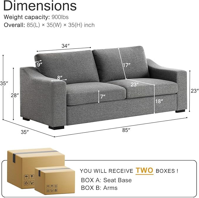 ELUCHANG 85" Modern Sofa Couches for Living Room, 3 Seater Natural Linen Sofa with Extra Deep Seats,Upholstered Cushion&Detachable Cover,Comfy Couch for Small Space,Apartment,Dark Grey,2PCS