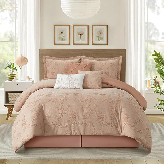 Grand Avenue Floral Comforter Set California King Size, Blush 7 Pieces Jacquard Bedding Set, Cotton &Polyester Bedding, All Season, Bedskirt, Pillows Shams