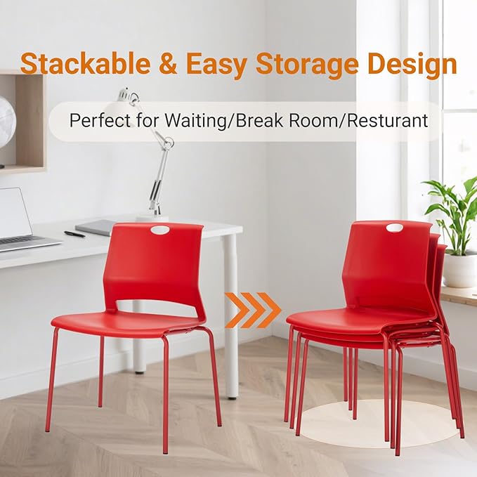 Sidanli Stackable Office Chairs, Red Guest Chairs with Comfortable Streamline Seat, Stacking Chairs No Wheels for Conference Room, Set of 4.