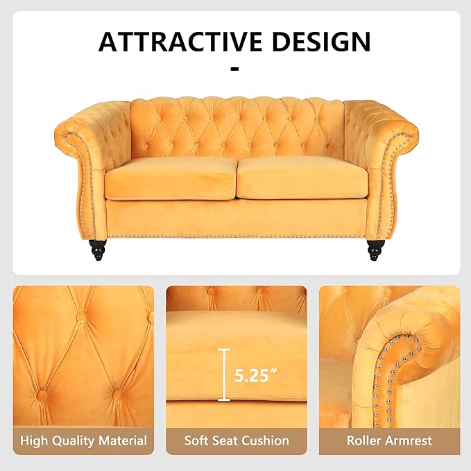 QHITTY Accent Sofa, Chesterfield Loveseat Modern Velvet Couch Upholstered Sofa with Tufted Back for Living Room Furniture (Mango)
