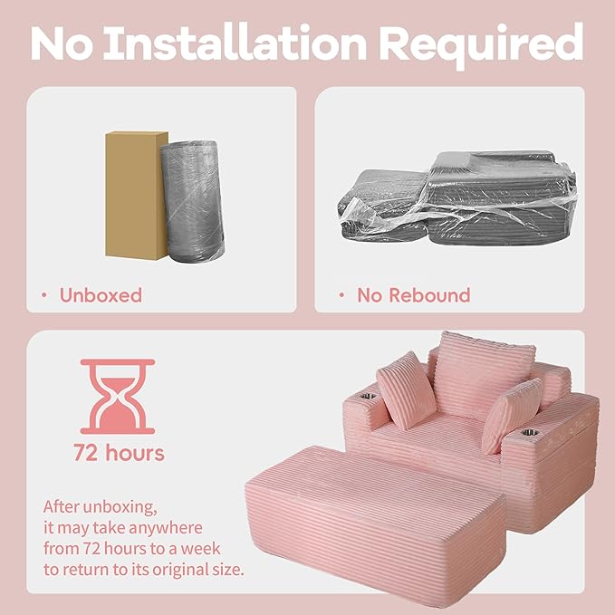 54"W Oversized Chaise Lounge Chair Indoor, Boneless Chaise Lounge Couch, Convertible Comfy Reading Chairs, Compression Sofa with Ottoman, Corduroy Sleeper Couch Chair for Living Room, Pink