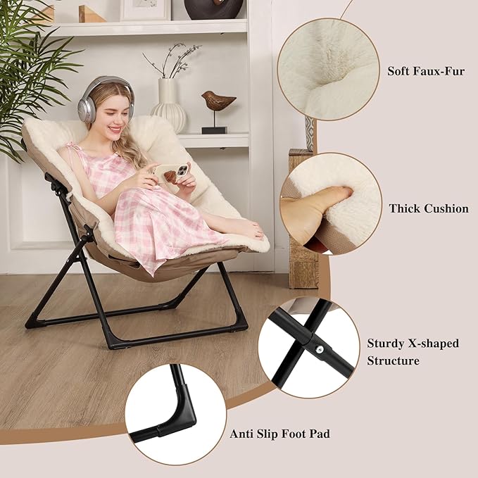 Comfy Saucer Chair for Adults, Soft Faux Fur Bedroom Chair with Ottoman, Accent Dorm Chairs, Living Room Reading Chairs and Footstool, Folding Lounge Seat for Teens, X-Large, Beige