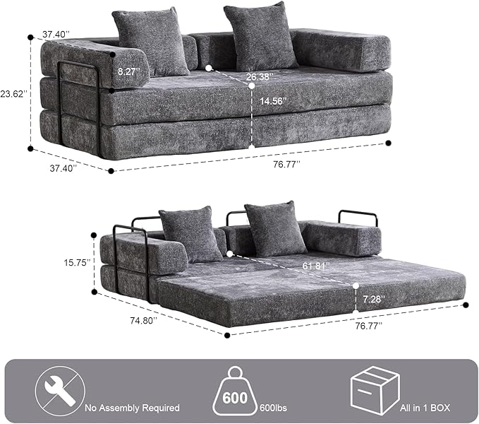 77" Convertible Foldable Floor Couch, 3-Seat Futon Sleeper Sofa for Living Room, Bedroom, or Apartment, with Pillow Backrest and Armrests, Chenille Fabric, No Assembly Required, Dark Grey