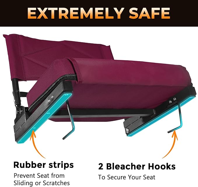 behairity Adjustable Stadium Seats with Back Support – 4-Position Reclining Bleacher Chairs with Padded Cushion, Foldable Portable Stadium Chair with Front Pocket and Shoulder Strap (Red)