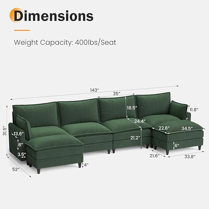 Apicizon 143" Cloud Souch Sectional, 4-Seat Deep Sofa Couch with Ottoman, Modern U Shape Sectional Cloud Sofa Corduroy for Living Room, Apartment, Office, Green