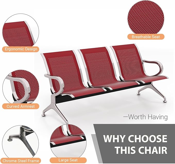 Kinfant 3-Seat Waiting Room Chair - Office Guest Reception Chairs with Ergonomic Backrests, Airport Waiting Bench with Armrests, Metal Waiting Furniture for Hospital, Bank (Dark Red, Set of 3)