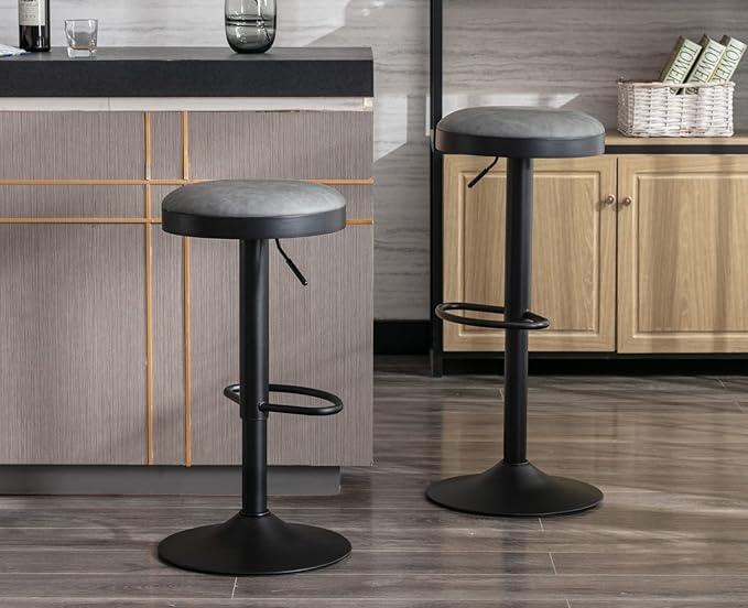 EALSON Modern Swivel Bar Stools Set of 2 Adjustable Counter Height Backless Barstools with Metal Base Leather Upholstered Round Bar Stool Chairs for Kitchen Island/Pub/Breakfast Bar, Grey