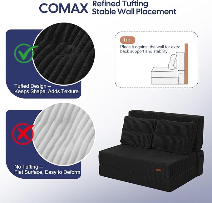 COMAX Folding Sofa Bed, Foldable Couch for Bedroom, Convertible Floor Sleeper Futon Chair Foam, Corduroy 3 in 1 Fold Out Chair Portable Comfy Lounge Couch Sofa Bed for Small Space, Twin, Black