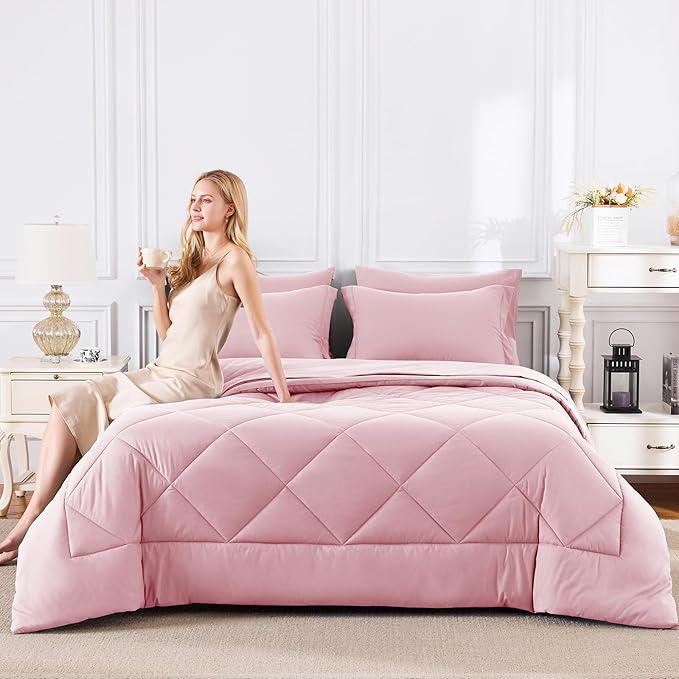 CozyLux Queen Comforter Set Pink - Bed in a Bag Queen Size 7 Pieces, Luxury Soft Bed Set for All Seasons, Bedding Set with Down Alternative Comforter, Sheets, Pillowcases & Shams