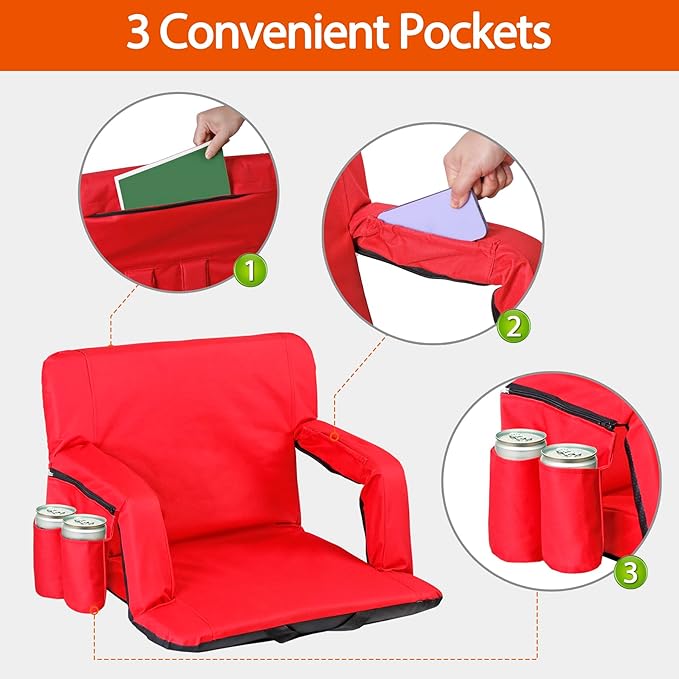 Smartxchoices 20.5"/24.5" Wide Stadium Seat Chair Bleacher Seats Padded with Back Support, Cushion, Arms, Pockets, Anchor Straps, Portable Folding Seat with Shoulder Straps