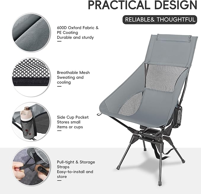 Swivel Camping Chair, High Back Folding Chair with Head Support, Side Cup Pocket, Stable Portable Outdoor Chair for Camp, Travel, Beach, Party, Fishing, Hiking, Backpacking, Grey