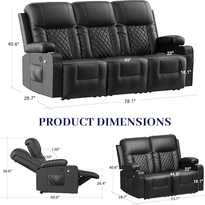 FURNIMAT Oversized Recliner Sofa Set with 2+3 Pieces in Living Room, PU Leather Loveseat Recliner Couch, Modern 3 Seats Dual Reclining Sofa with Cup Holder and 2 Cell Phone Holder, USB Ports, Black
