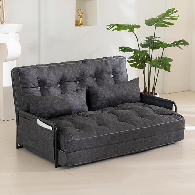 YOSHOOT Adjustable Lazy Floor Sofa, Folding Couch Bed with 5 Positions Adjustable Backrest, Convertible Bean Bag Sofa Bed Couch Foldable Sleeper Chair with Pillow for Reading Gaming（Grey, Full）