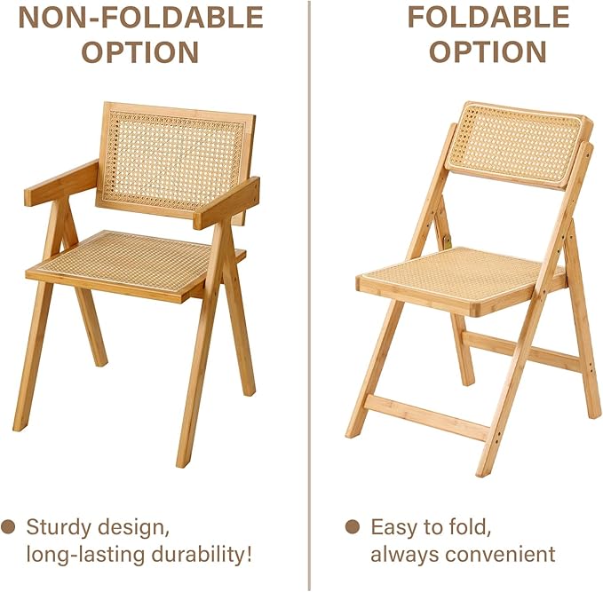 Furlide Rattan Folding Chairs, Modern Mid Century Dining Chairs Set of 2, Outdoor Bamboo Chair for Bedroom Living Room Reading Room Dining Kitchen, Wood